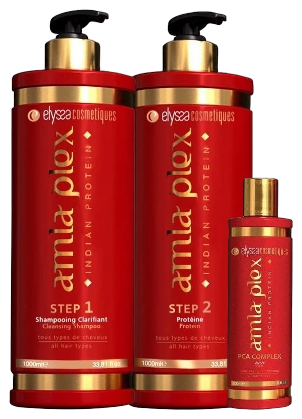 Kit Lissage Nano Indien Amla Plex Elyssa Cosmétiques : shampooing clarifiant 1 L, protéine 1 L et PCA Complex
