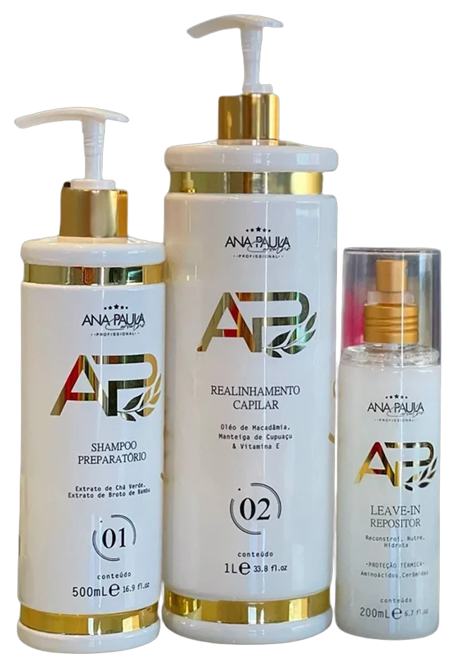 Kit Lissage AP Ana Paula Carvalho : shampooing préparation 500 ml, masque transformation 1 L et leave-in repositor 200 ml