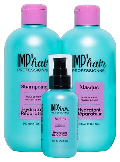 Trio IMP'hair Professionnel Hydratant Réparateur : shampooing 500 ml, masque 500 ml et sérum 100 ml, ricin et protéines de soie