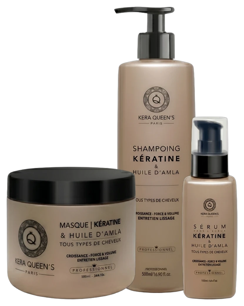 Trio Kératine & Amla Kera Queen's Paris : shampooing 500 ml, masque 500 ml et sérum 100 ml