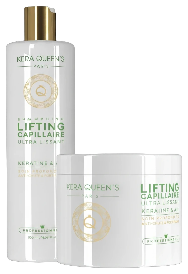Duo Lifting Capillaire Kératine & Ail Kera Queen's : shampooing 500 ml et masque 500 ml, anti-chute et fortifiant