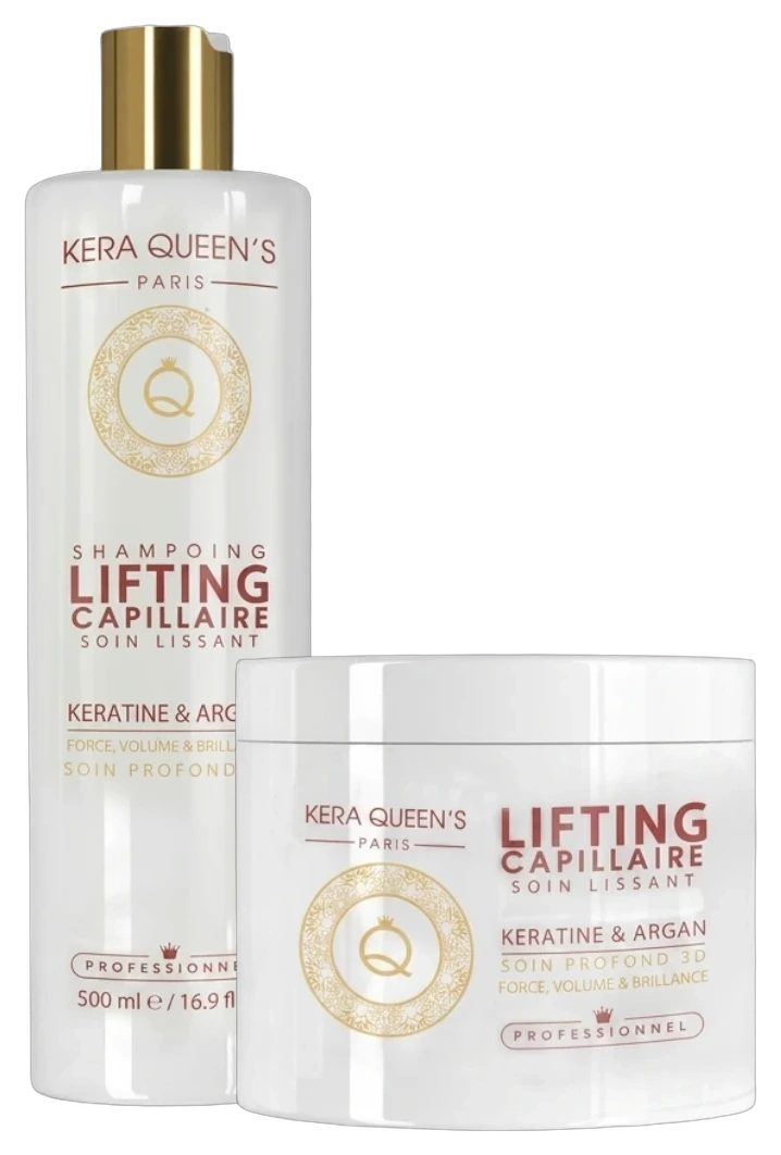 Duo Lifting Capillaire Kératine & Argan Kera Queen's : shampooing 500 ml et masque 500 ml, force, volume et brillance