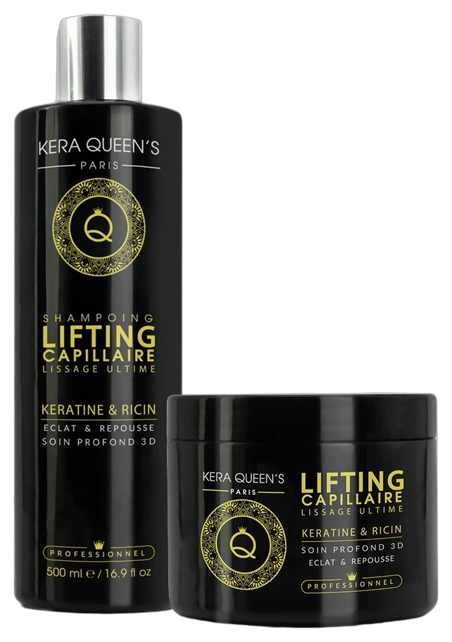 Duo Lifting Capillaire Kératine & Ricin Kera Queen's : shampooing 500 ml et masque 500 ml, lissage ultime, éclat et repousse