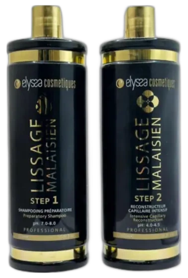 Kit Lissage Malaisien Elyssa Cosmétiques : shampooing préparatoire et reconstructeur capillaire intensif, 2 × 1 L