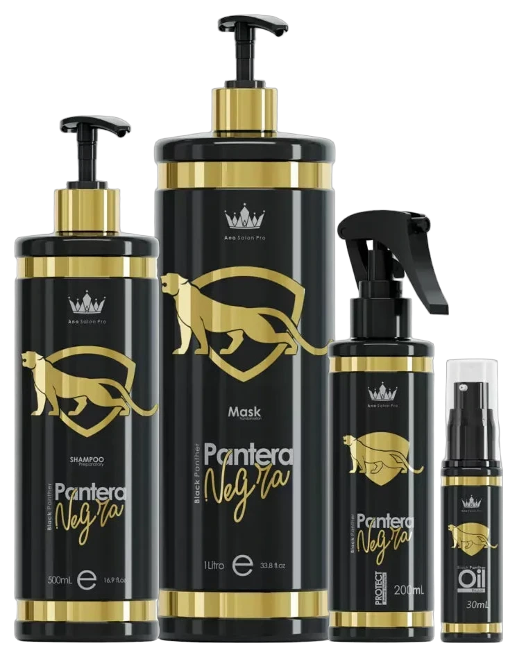 Kit Lissage Pantera Negra Ana Paula Carvalho : shampooing 500 ml, masque 1 L, Protect 200 ml et huile 30 ml