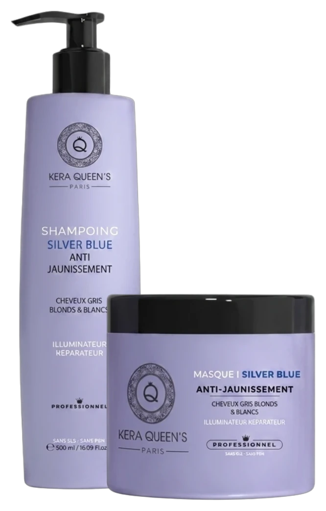 Duo Silver Blue anti-jaunissement Kera Queen's Paris : shampooing 500 ml et masque 500 ml, cheveux gris, blancs et blonds
