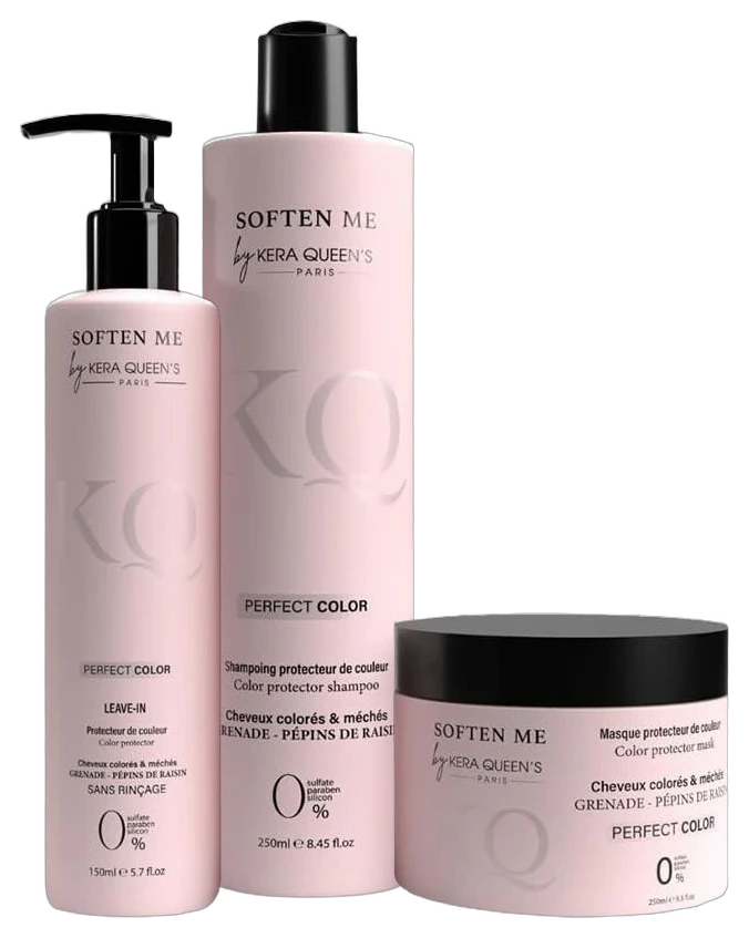 Trio Soften Me Perfect Color by Kera Queen's : shampooing 250 ml, leave-in 150 ml et masque 250 ml, grenade et pépins de raisin