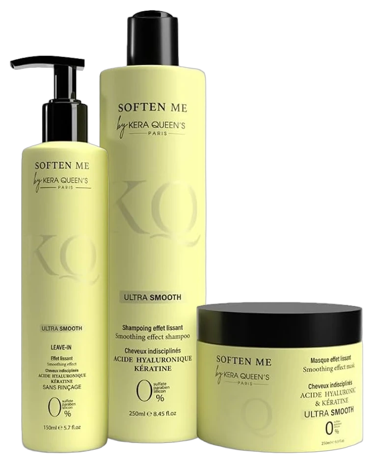 Trio Soften Me Ultra Smooth by Kera Queen's : shampooing 250 ml, leave-in 150 ml et masque 250 ml, kératine et acide hyaluronique