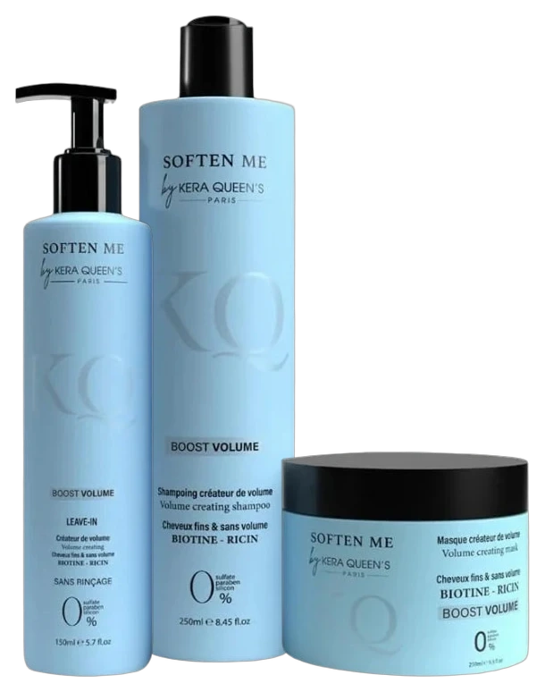 Trio Soften Me Boost Volume by Kera Queen's : shampooing 250 ml, leave-in 150 ml et masque 250 ml, biotine et ricin
