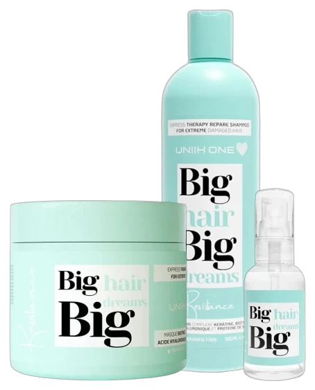 Trio Big Hair Big Dreams Résistance Uniik One : shampooing, masque et sérum, cheveux très abîmés